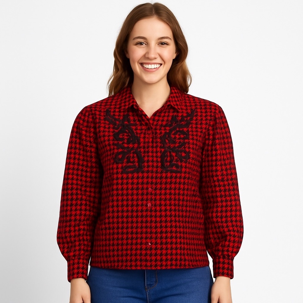 EUC Chaus Vintage Red & Black Houndstooth Blouse – Size S - 0519